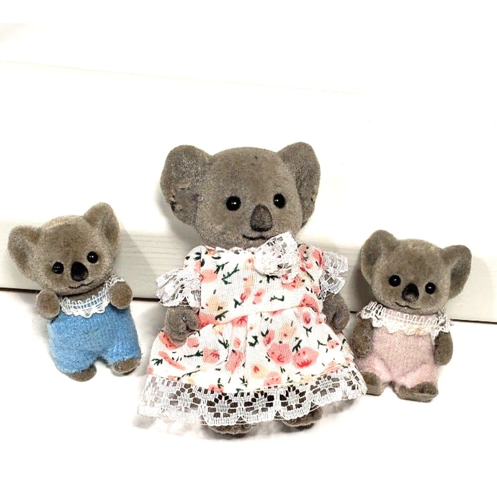 Vintage Flocked Koala Bear Family Lot 3 Mini Miniatures Dollhouse Figures Move
